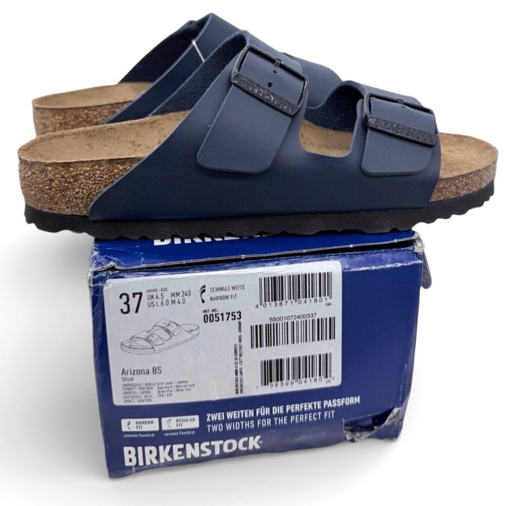 Birkenstock Arizona Navy Sandals EU 37 Two Strap Slide Slip-On Cork Footbed - Picture 3 of 12